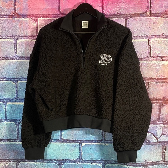 PINK Victoria’s Secret Black Sherpa Quarter-Zip Pullover Women’s S/P Fleece Crop - Picture 1 of 9